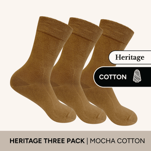 Heritage Crew Socks in mocha cotton, displayed in a three pack, showcasing a classic and comfortable design.