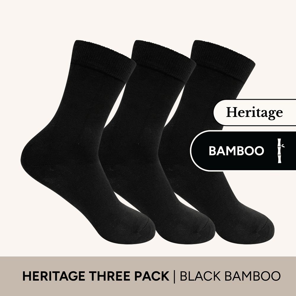 Heritage Crew Socks in black bamboo, 3 pack, offering breathability and comfort for everyday wear.