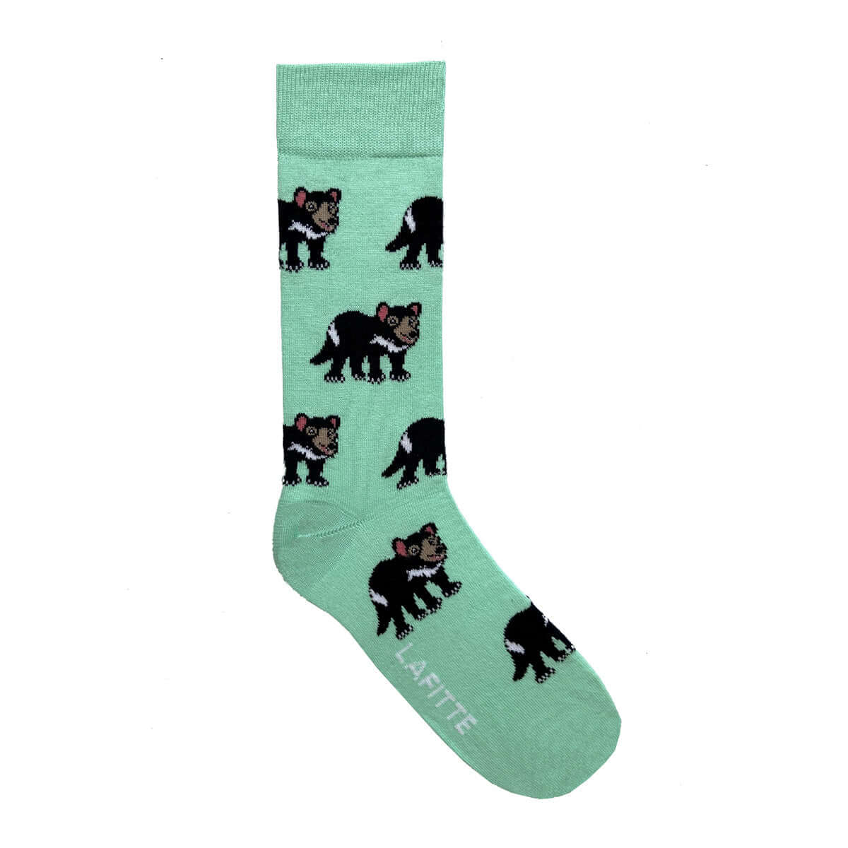 Tasmanian Devil Crew Socks. Green cotton socks with Tasmanian devil animal design