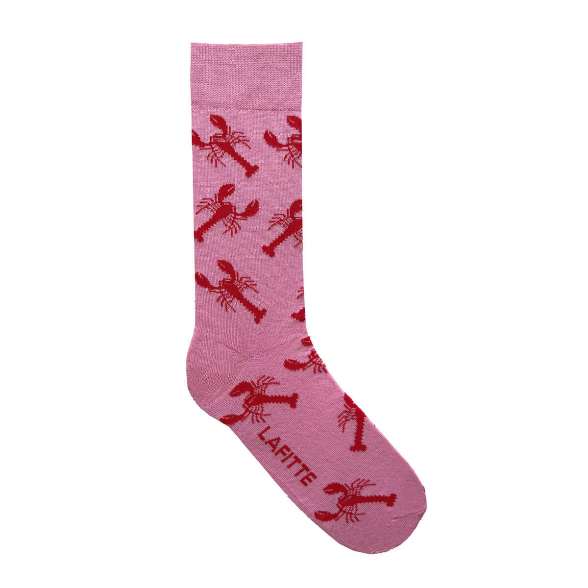 Crayfish Crew Socks. Pink cotton socks with red crayfish pattern