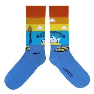Iconic Sydney Crew Socks. Blue cotton socks featuring Sydney city landmarks and harbour design