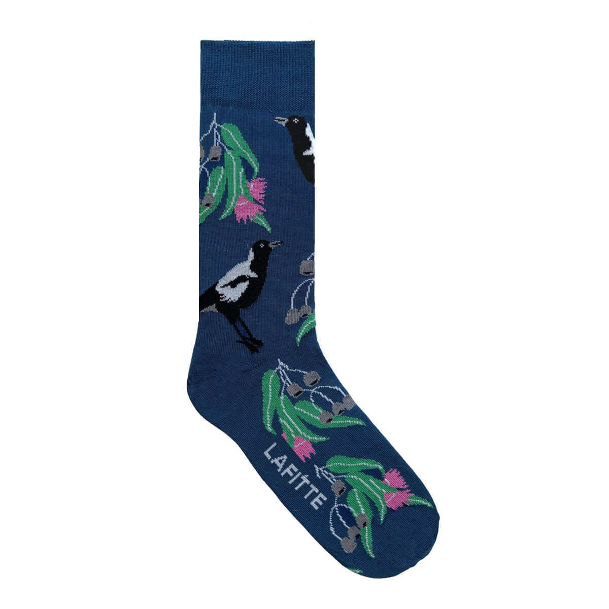 Magpie Crew Socks. Dark blue cotton socks with Australian magpie bird pattern