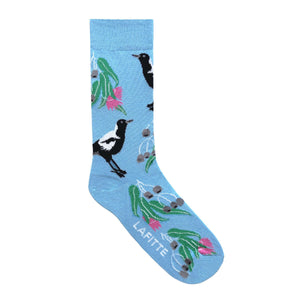 Magpie Crew Socks. Light blue cotton socks with magpie bird design