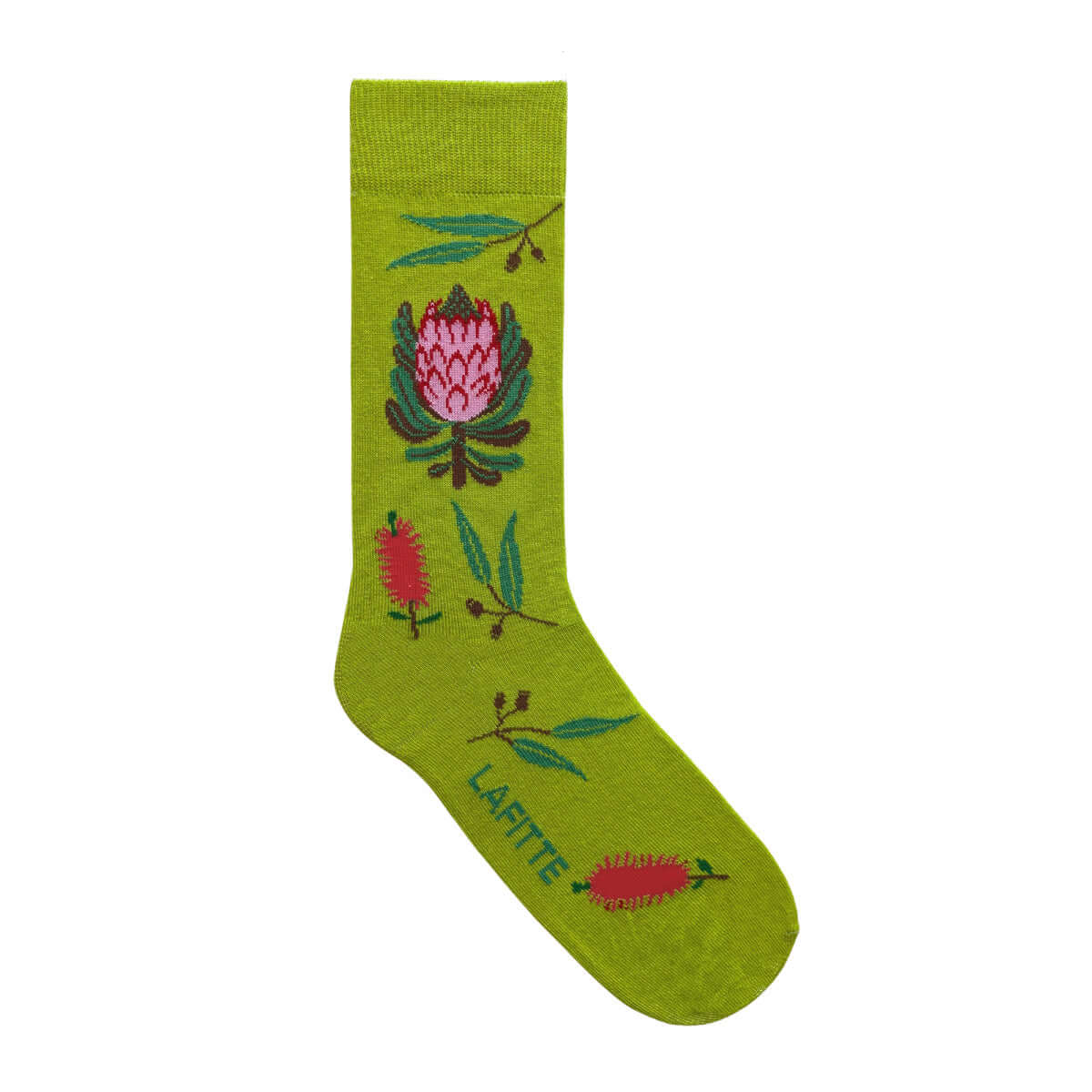 Protea Crew Socks. Green cotton socks with pink protea flower pattern