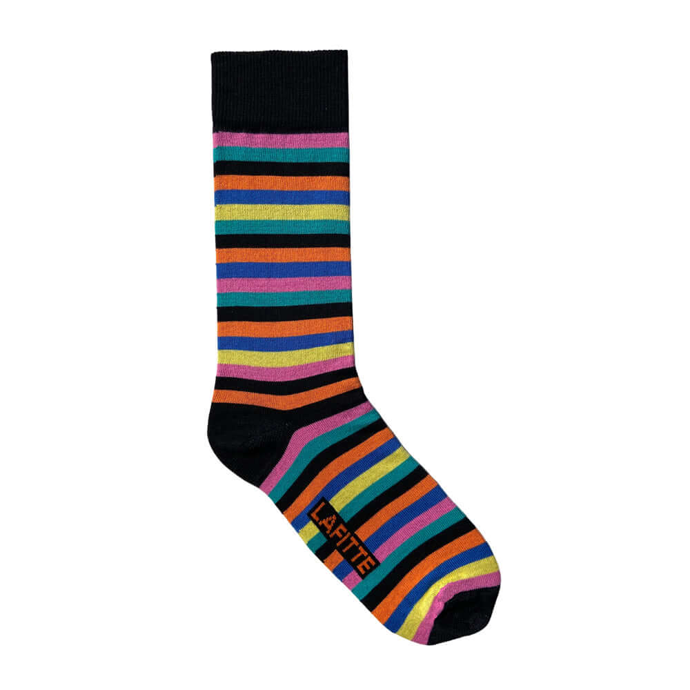 Thin Stripe Crew Socks. Brown cotton socks with thin red and black stripe pattern