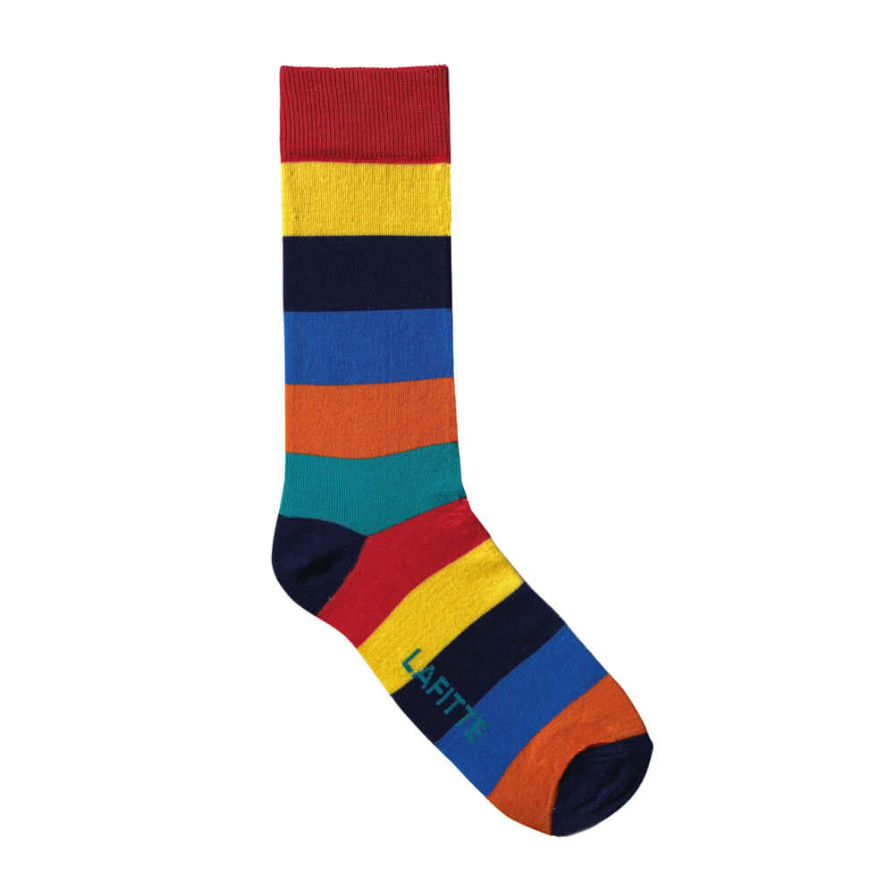 Thick Striped Crew Socks. Multi-coloured cotton socks with thick rainbow stripe pattern