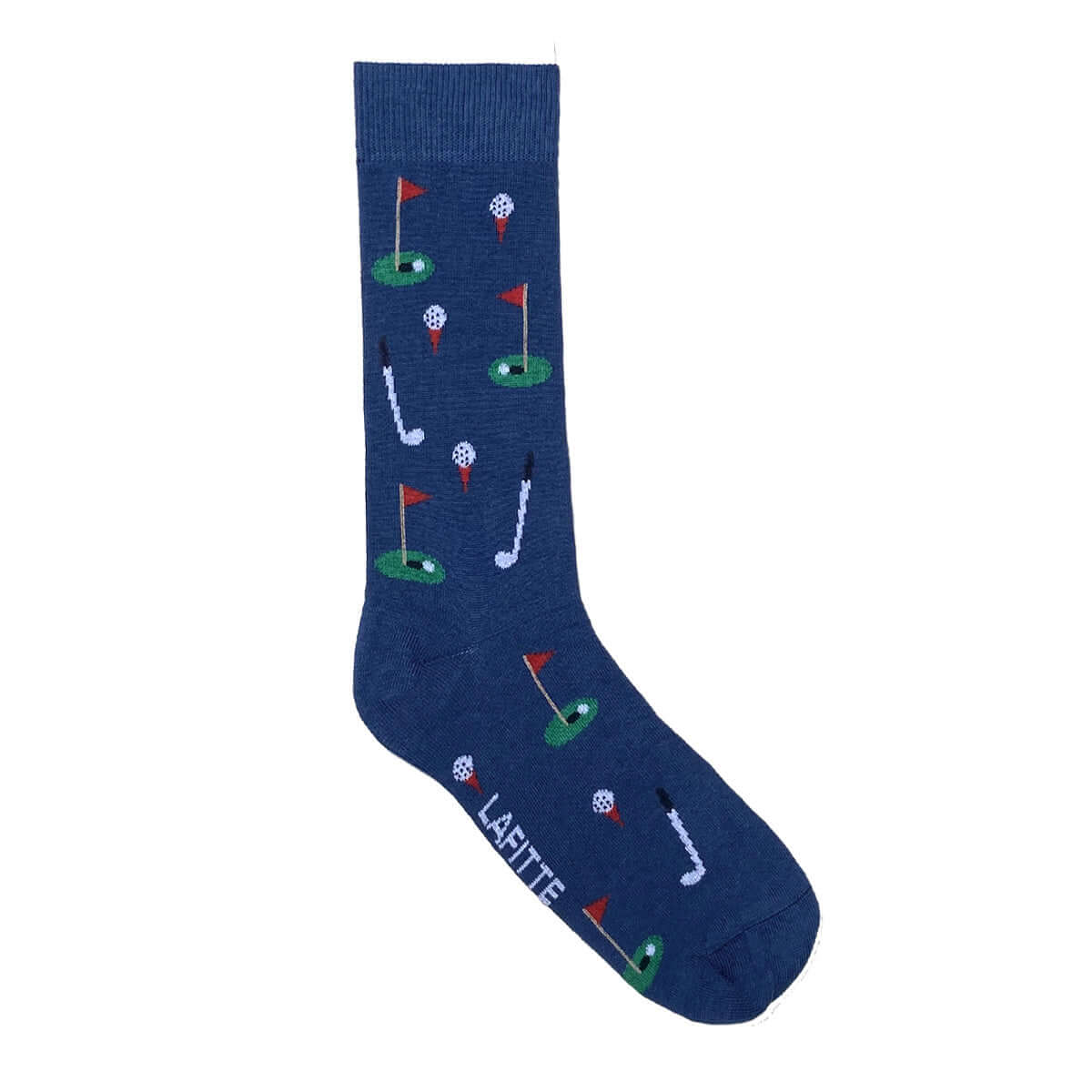 Golf Crew Socks. Cotton novelty socks with golf clubs and ball pattern in blue and green