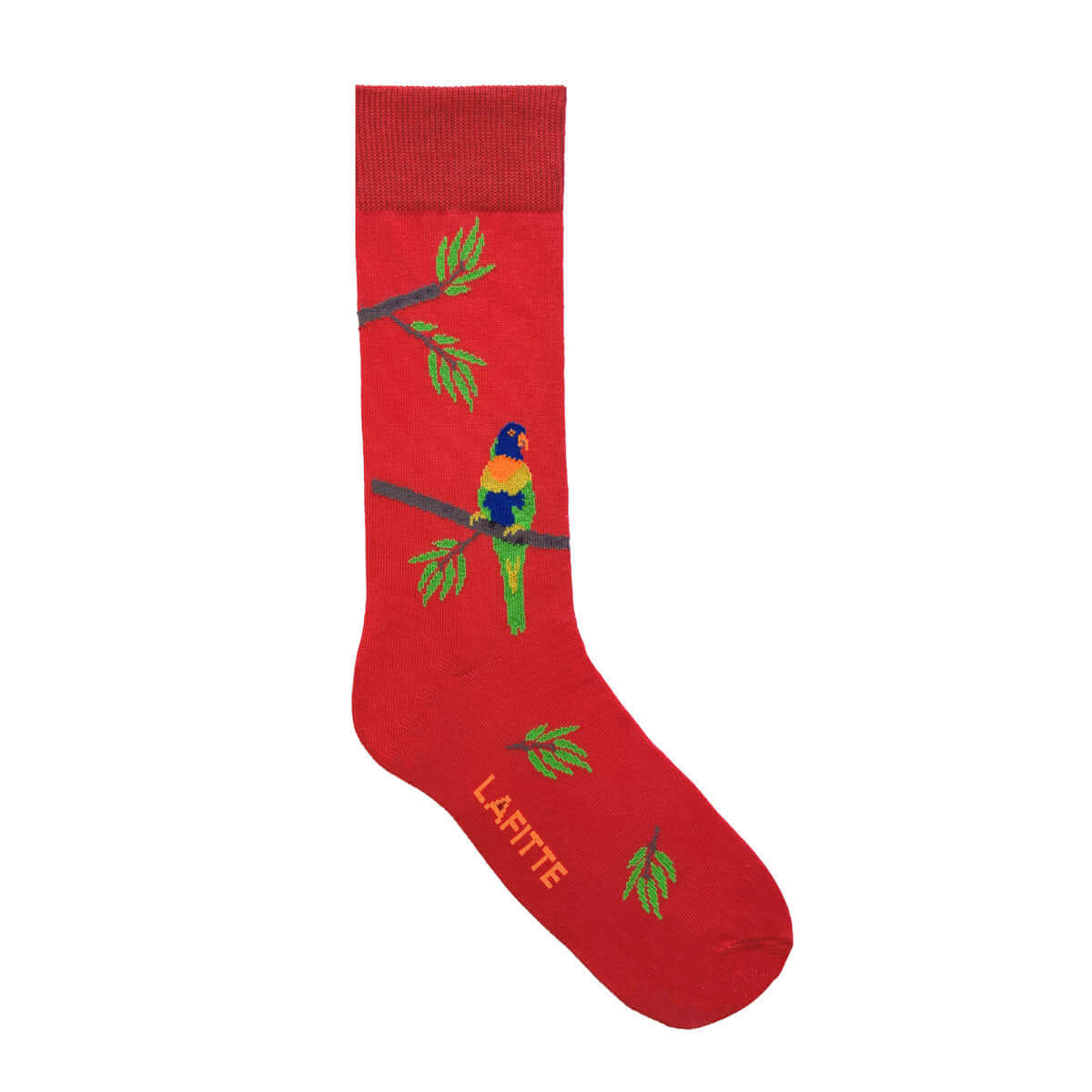 Rainbow Lorikeet Crew Socks. Red cotton socks with rainbow lorikeet bird design