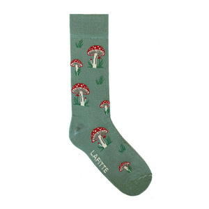 Mushroom Crew Socks. Green cotton novelty socks with red and white mushroom pattern