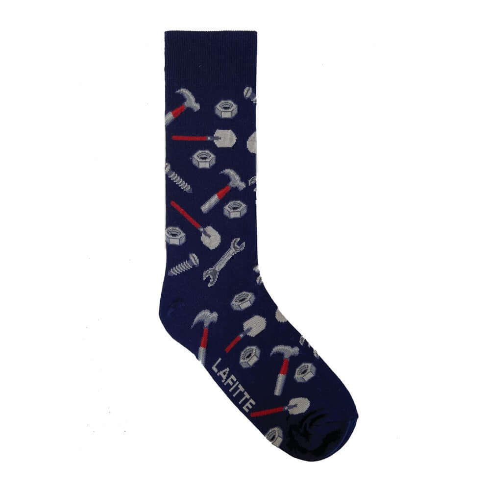 DIY Crew Socks. Cotton novelty socks with DIY tool pattern in navy and grey
