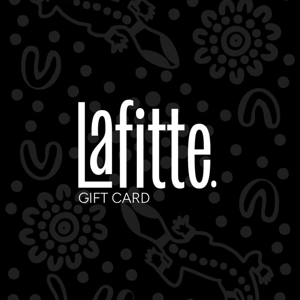 Lafitte Gift Card design featuring bold text on a patterned black background.