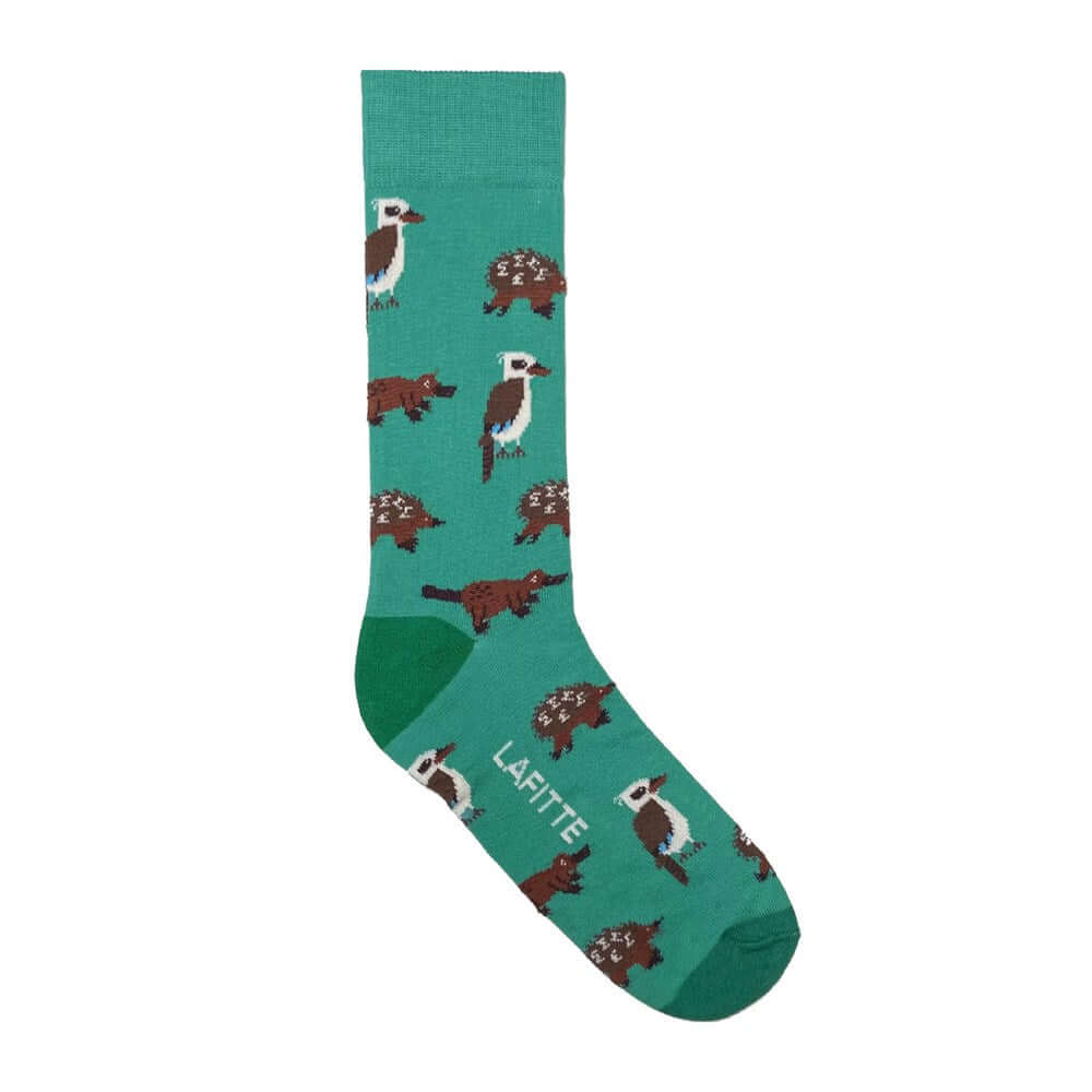 Aussie Animals Crew Sock featuring kookaburras, echidnas, and wombats on a green background.
