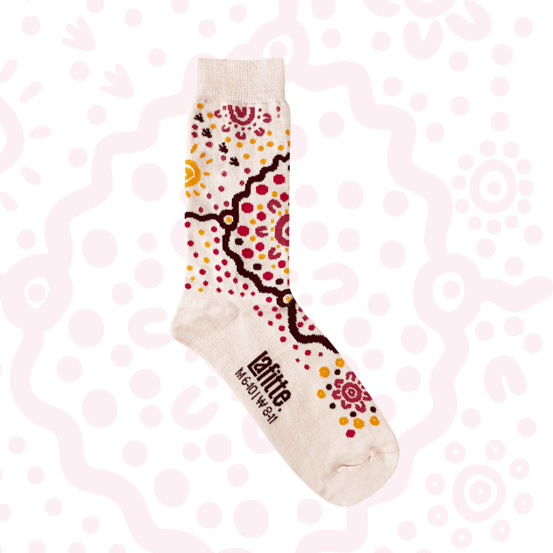 Friendship | Ngurambang Series by Amy Kilby | Cotton Crew Socks | Australian made with vibrant, colorful patterns.