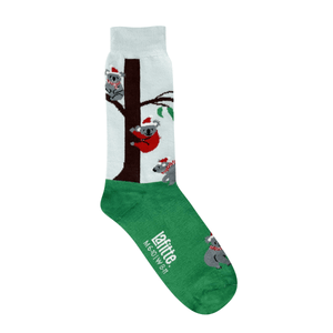Christmas Koalas Crew Socks. Green base christmas socks, santa koala in tree