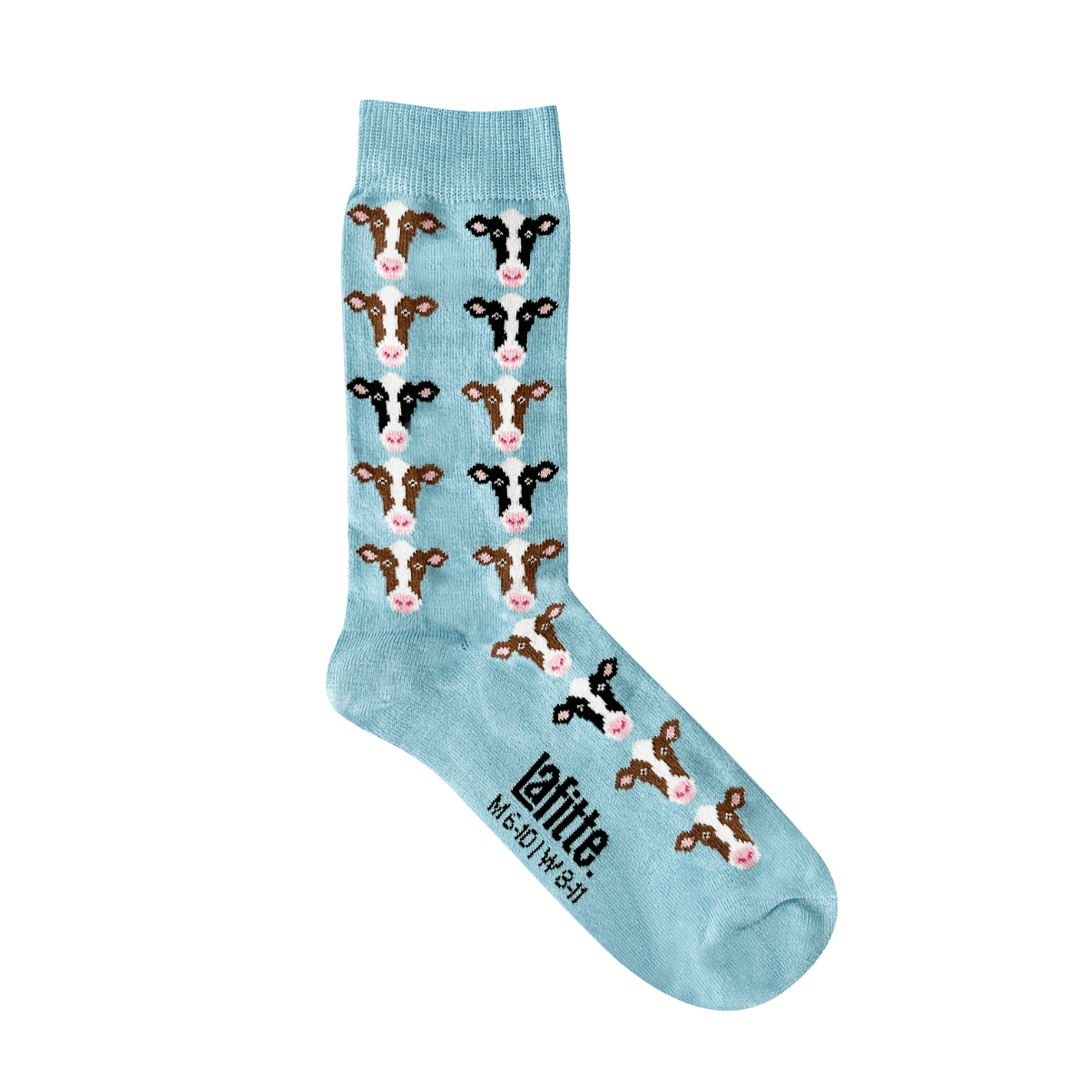 Cow Crew Socks featuring a soft light blue base with a cheerful cow face.