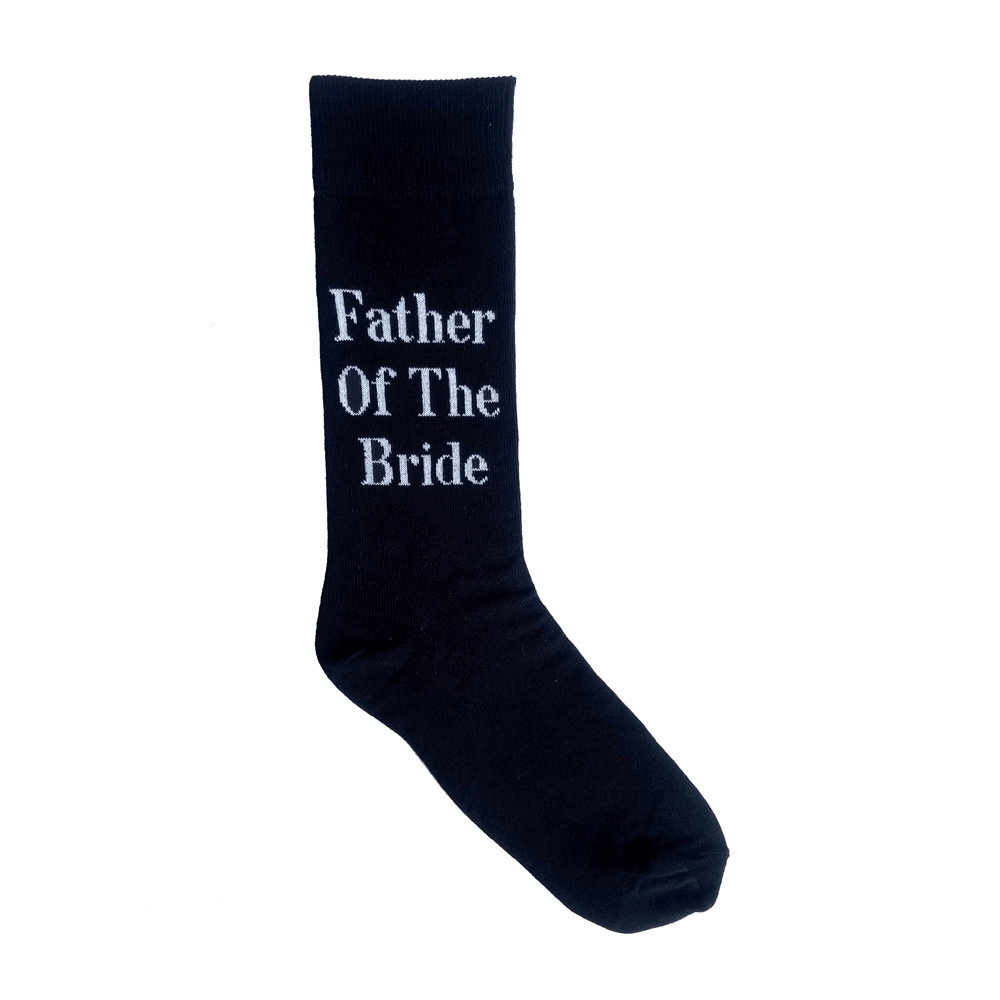 Father of the Bride Wedding Crew Socks. Black cotton wedding socks with father of the bride text for men