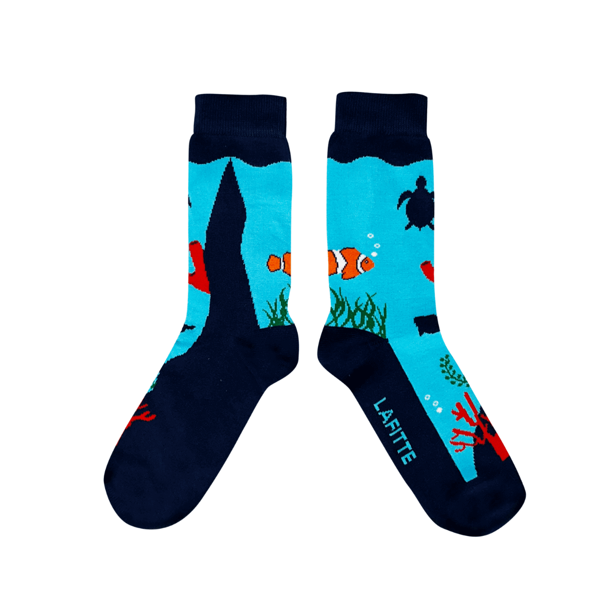 Blue cotton Great Barrier Reef Crew Socks with fish, coral and turtles