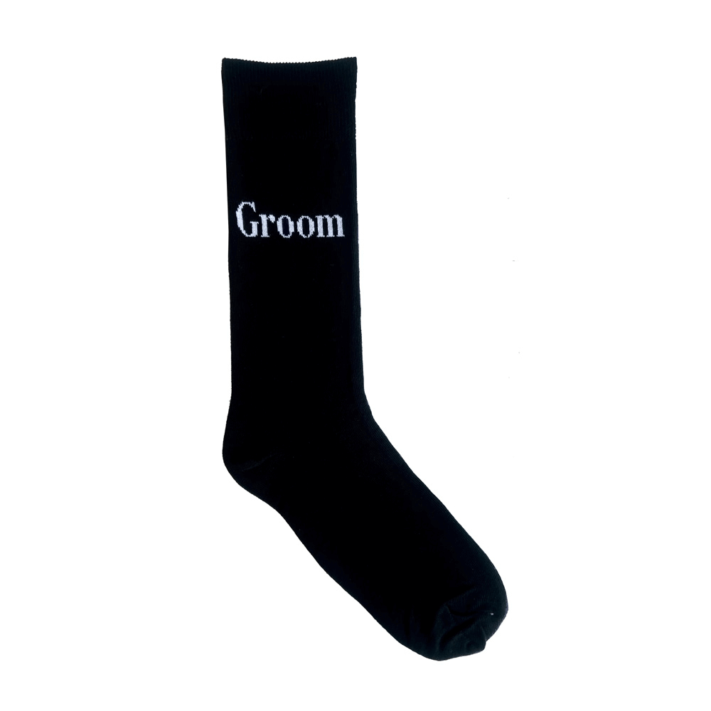 Groom Wedding Crew Socks. Black cotton wedding socks with groom text for men