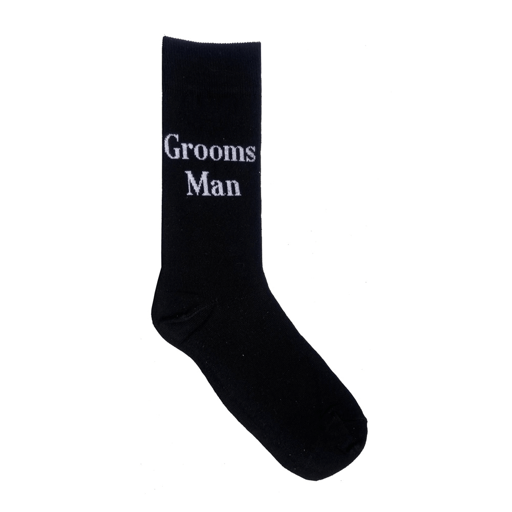 Groomsman Wedding Crew Socks. Black cotton wedding socks with groomsman text for men