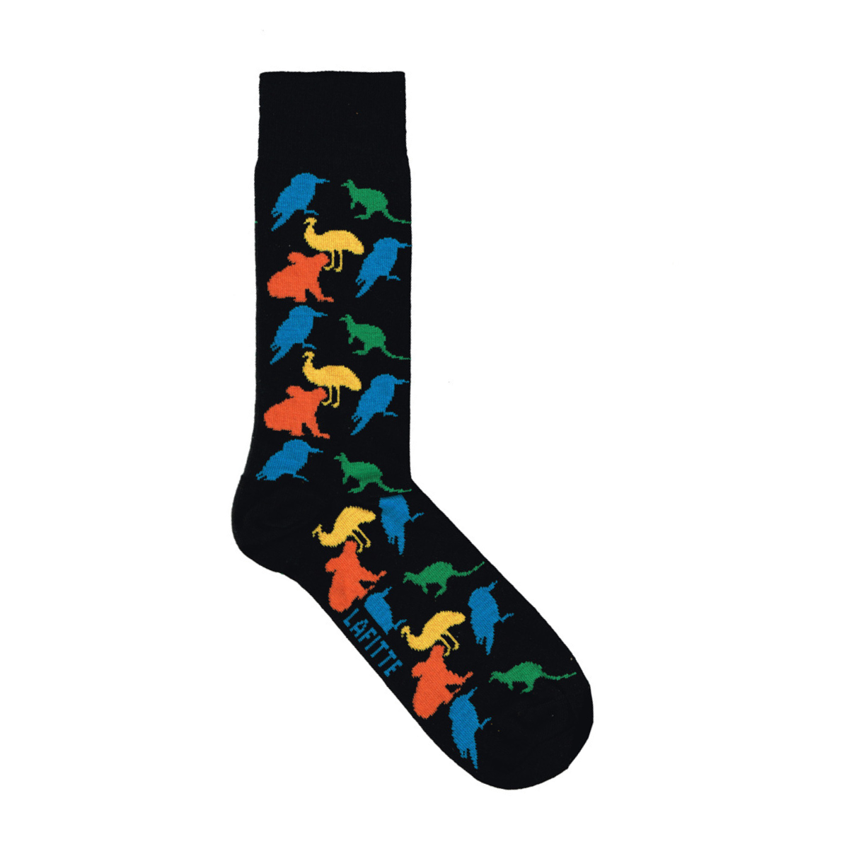 Black crew socks for men with coloured australian animals aus