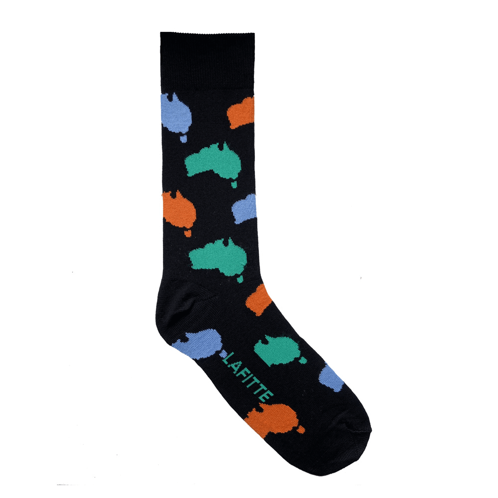 Australian Maps Crew Socks. Black cotton crew socks with colorful Australia map design