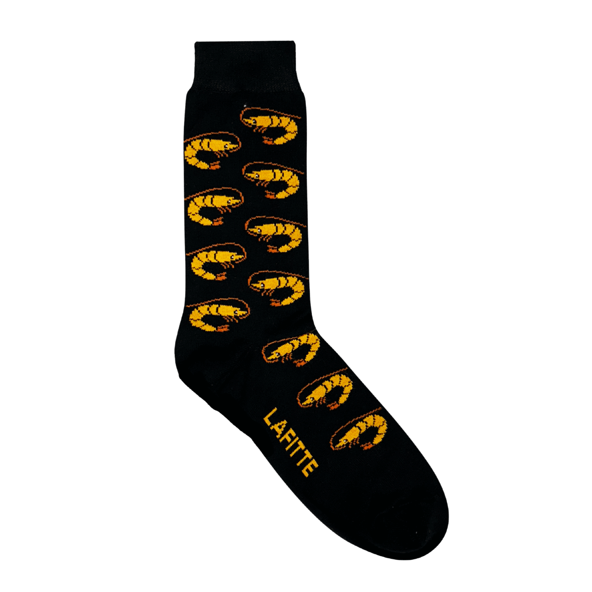 Prawn Crew Socks. Black cotton socks with prawn pattern