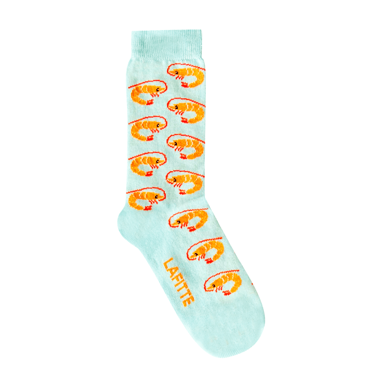 Prawn Crew Socks. Pale blue socks with orange prawns