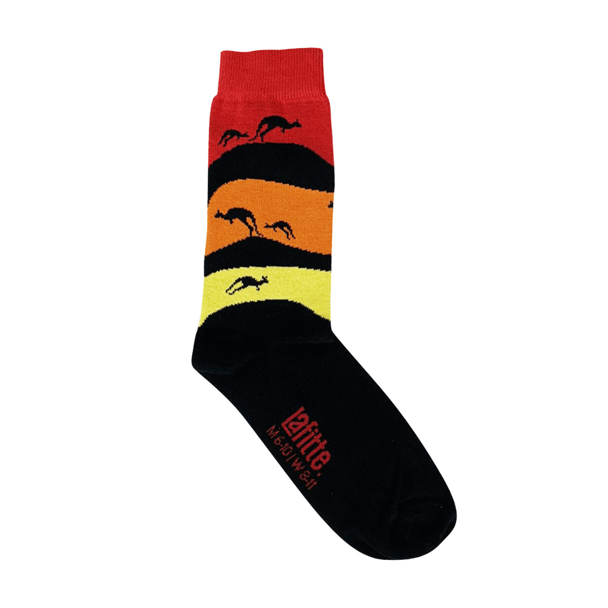 Kangaroo Sunset Crew Socks. Red, orange, and yellow socks with sunset kangaroo pattern, fun novelty design