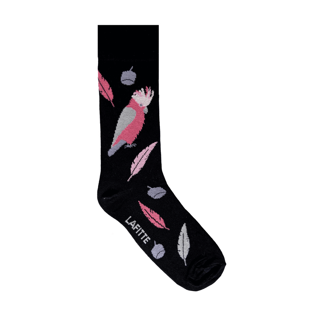 Pink Galah Crew Socks. Black cotton socks with pink galah bird design