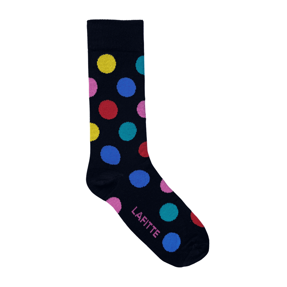 Big Spot Crew Socks. Navy cotton socks with large colorful polka dots