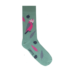 Pink Galah Crew Socks. Light green cotton socks with pink galah birds