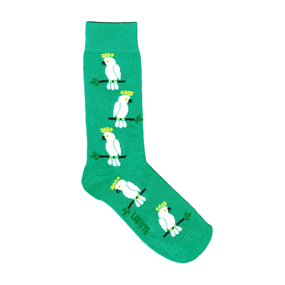Cockatoo Crew Socks. Green cotton socks with white cockatoo design