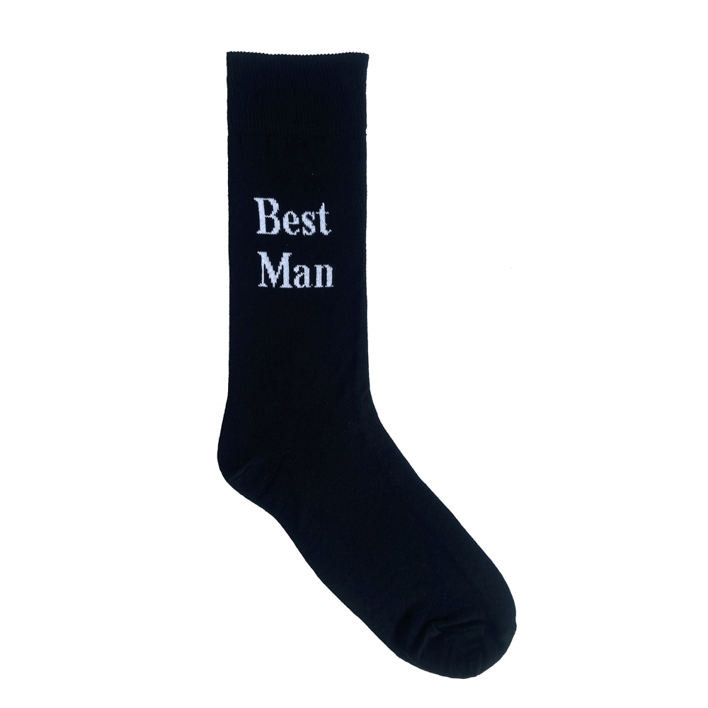 black cotton socks best man in white text aus