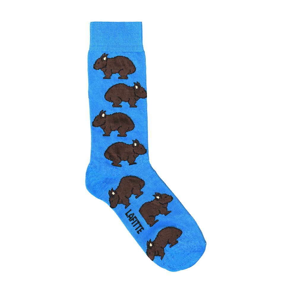 Wombat Crew Socks. Blue cotton crew socks with wombat design