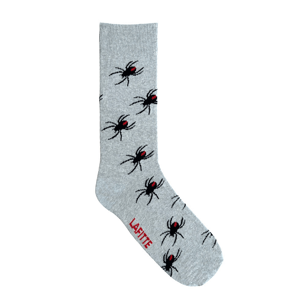 Spider crew socks. Grey cotton socks with red back spider design
