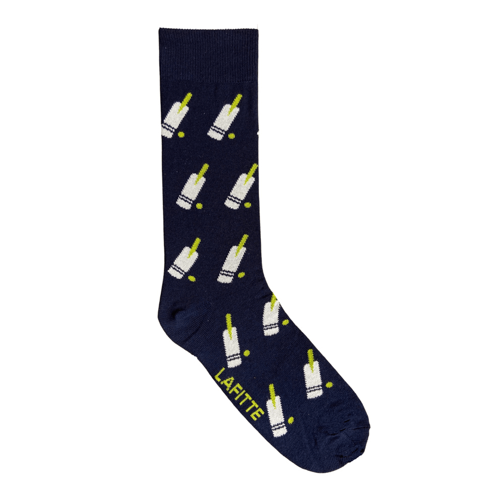 Cricket Crew Socks. Navy blue cotton socks with cricket bat and ball pattern