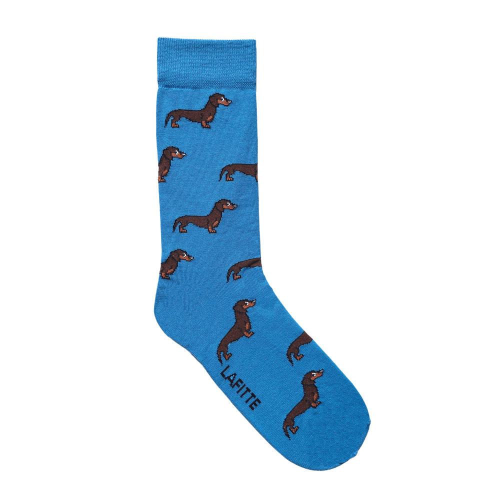 dachshund crew socks. Blue cotton socks with dachshund dog design
