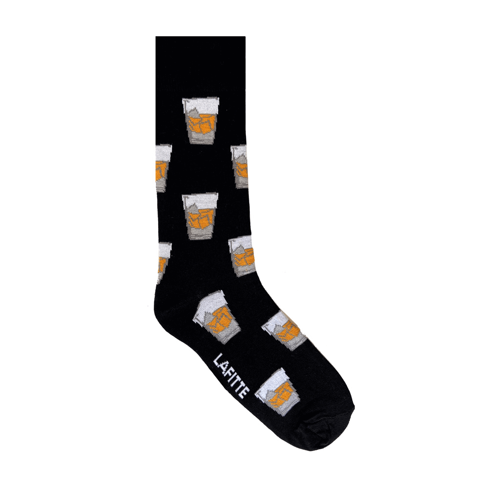 Whiskey Crew Socks. Black cotton socks with whiskey glasses pattern