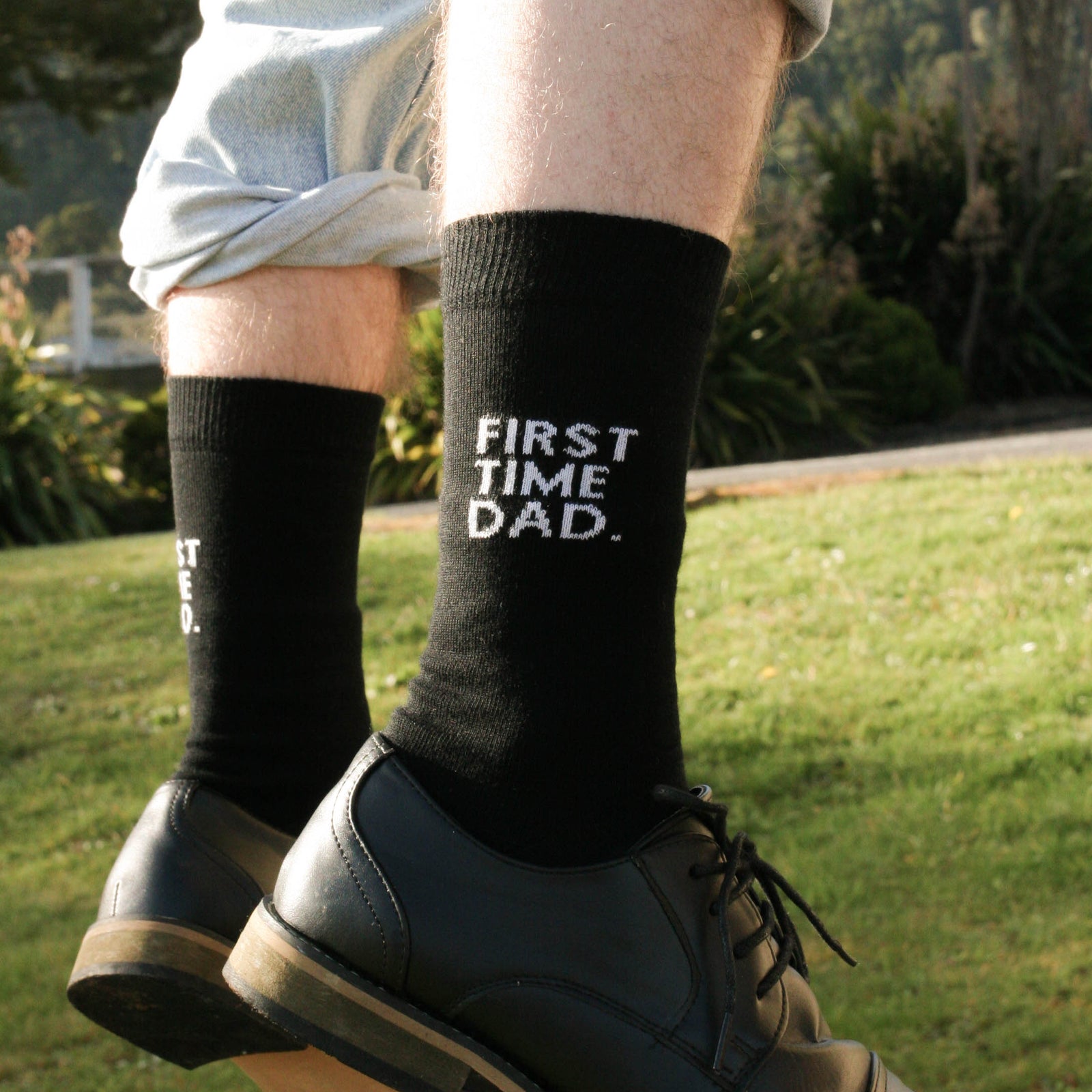 First time Dad Crew Socks. Black cotton socks for new dads with first time dad text
