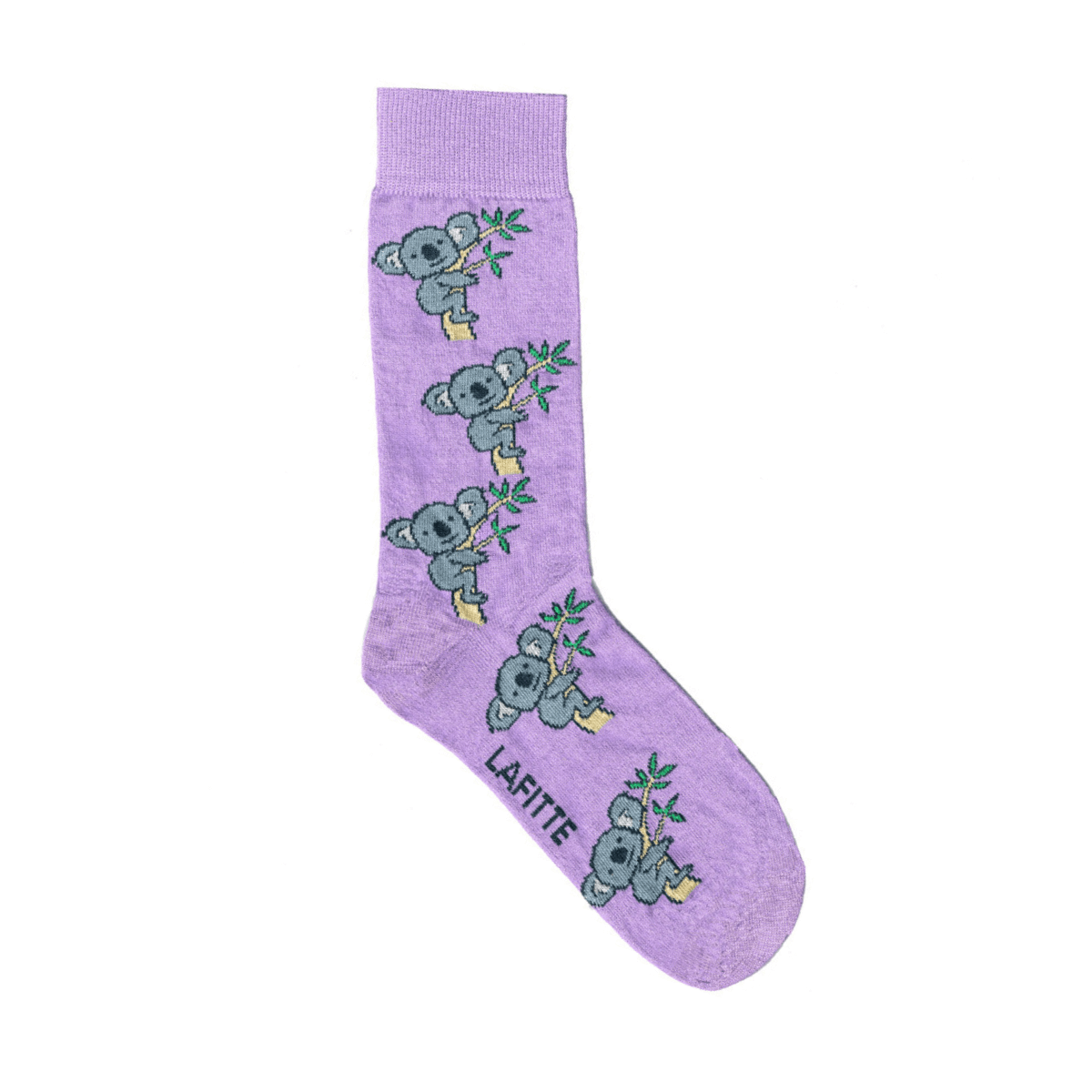 Koala crew socks. Purple cotton crew socks with koala pattern