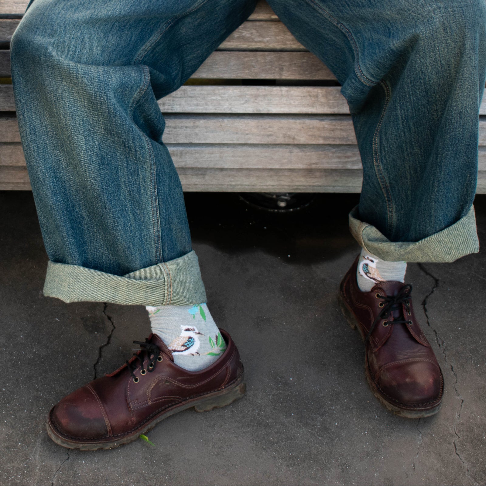 Kookaburra Crew Socks. Grey cotton socks with kookaburra bird design
