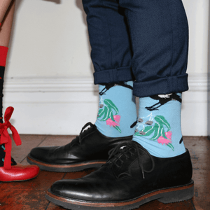 man wearing lafitte blue magpie crew socks 