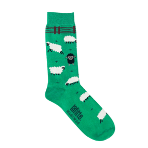The Black Sheep Crew Socks. Green socks with black sheep pattern, fun novelty design