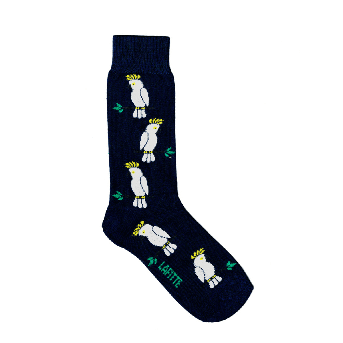 Cockatoo Crew Socks. Navy blue cotton socks with white cockatoo pattern
