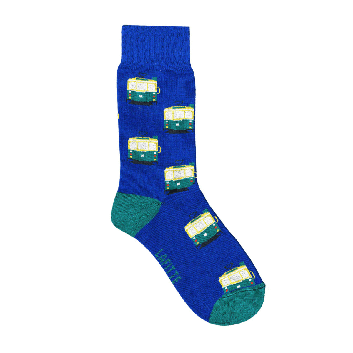 Australiana Tram Crew Socks. Blue cotton crew socks with green tram pattern