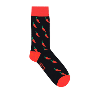 Chilli Crew Socks. Black cotton crew socks with red chilli design