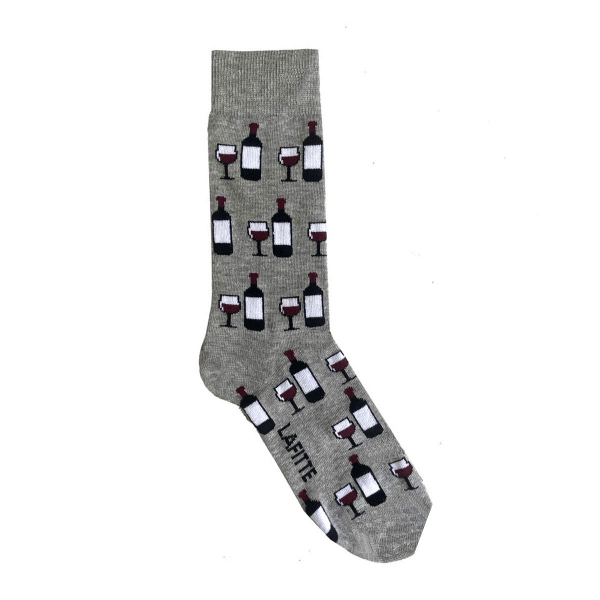 Wine Lover Crew Socks. Grey cotton crew socks with wine bottles and glasses pattern