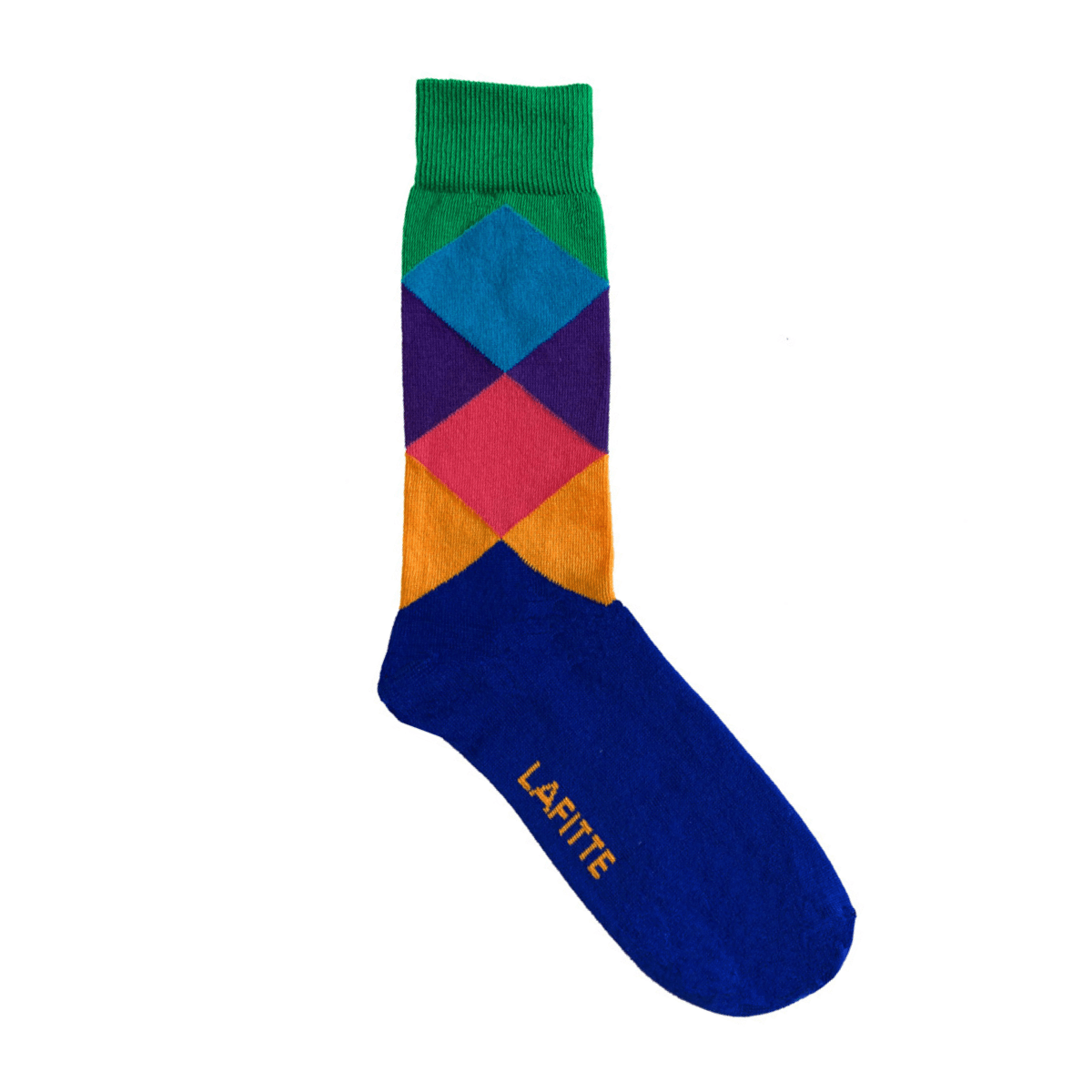 Diamonds Crew socks. Navy blue cotton socks with large colorful diamond pattern