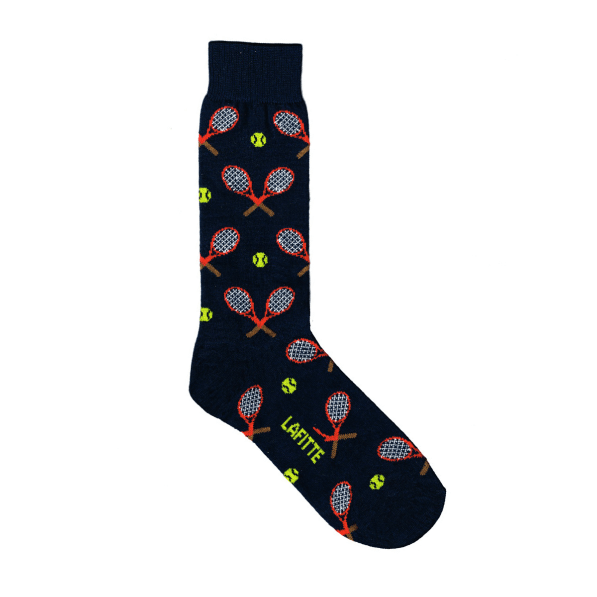 Tennis racquet crew socks. Black cotton crew socks with tennis racquet pattern