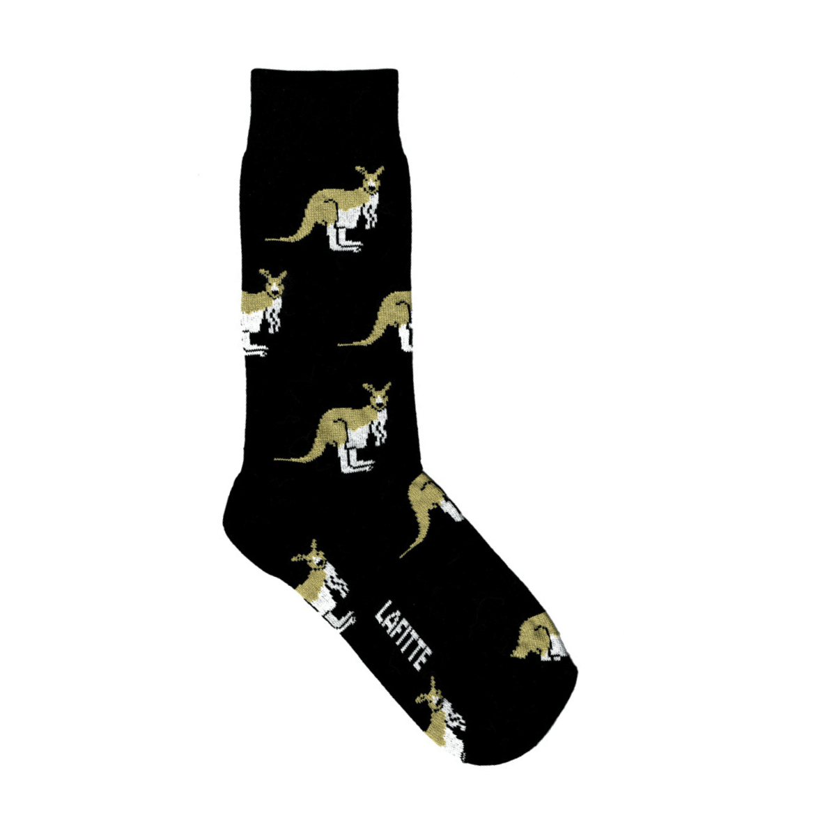 Kangaroo Crew Socks. Black cotton crew socks with kangaroo pattern